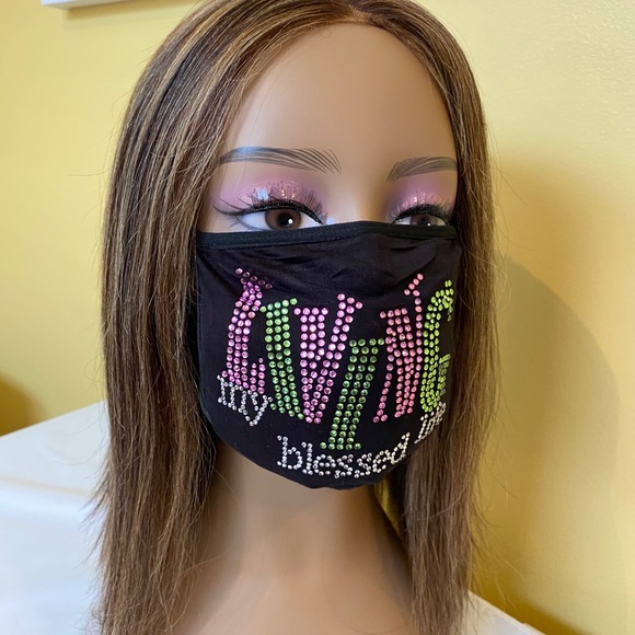Living My Blessed Life Bling Rhinestone Face Mask Pink and Green - Picture 8 of 8